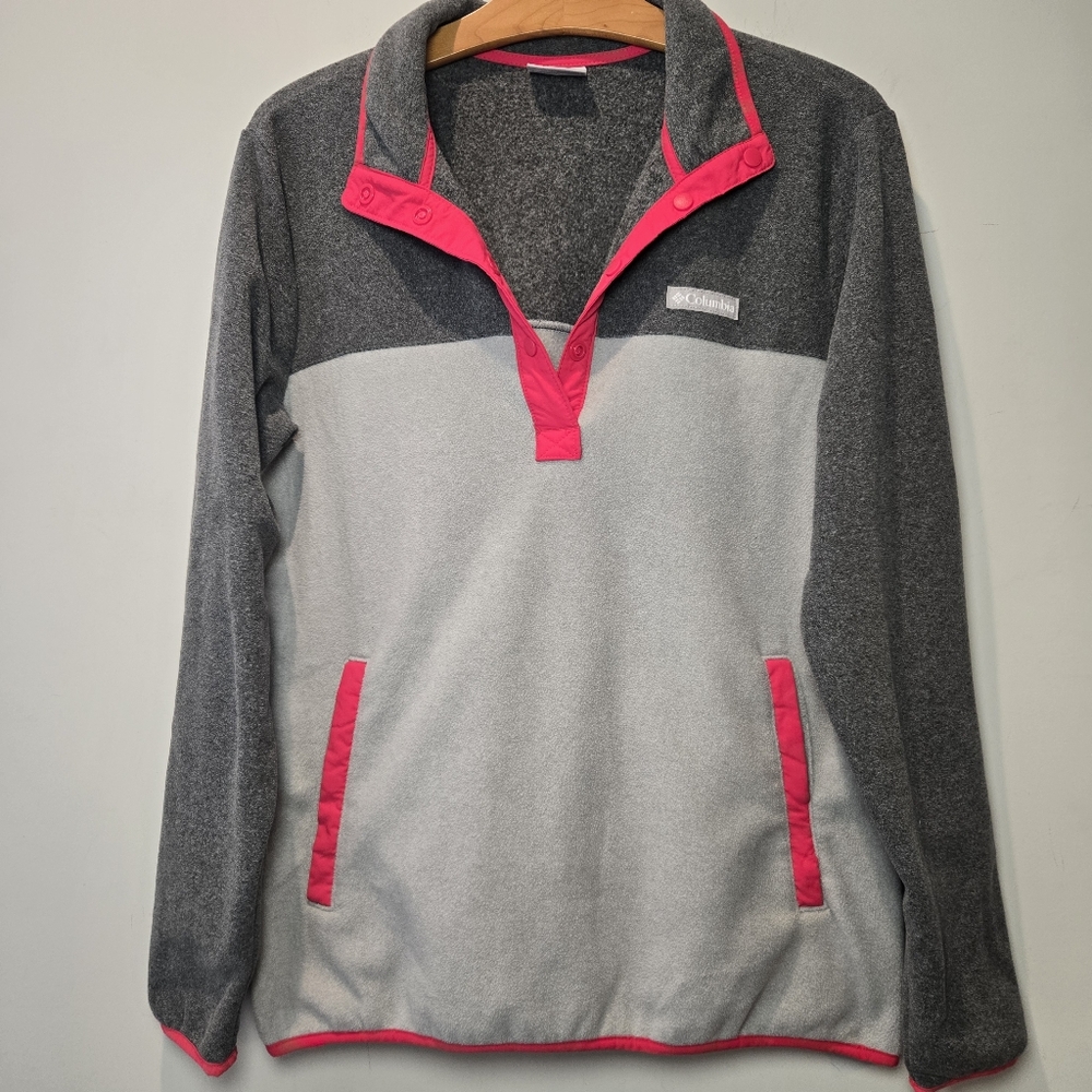 Columbia Fleece Women's Large Pullover 1/4 Snap V Neck Gray Pink